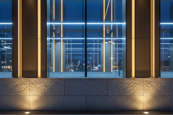 Lighting effects on different building materials like stone, glass, and metal